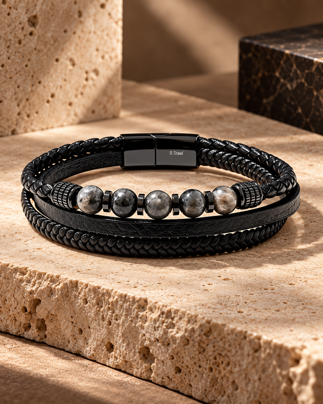 Grigio – Mehrlagiges Herrenarmband aus Leder & Labradorit