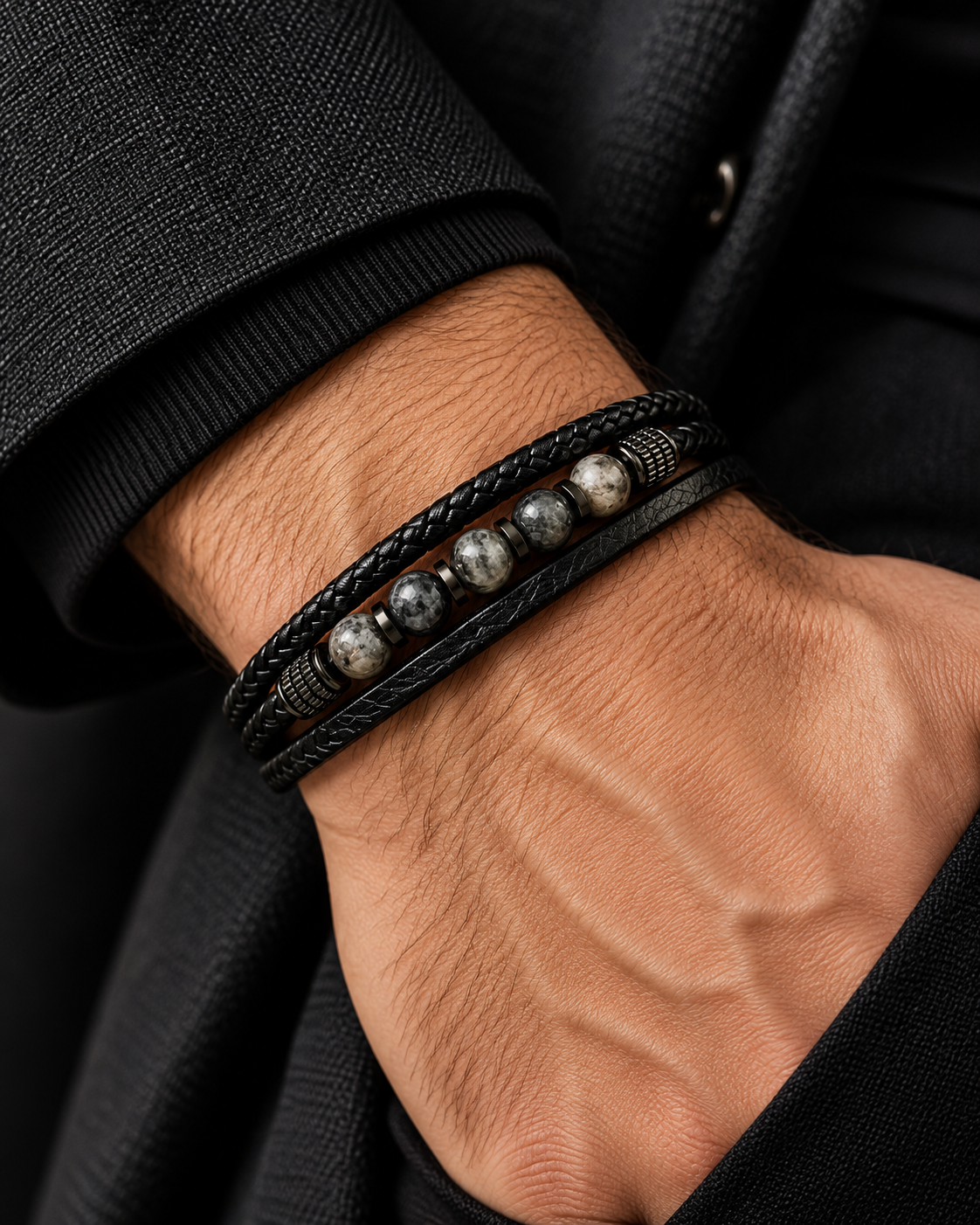 Grigio – Mehrlagiges Herrenarmband aus Leder & Labradorit