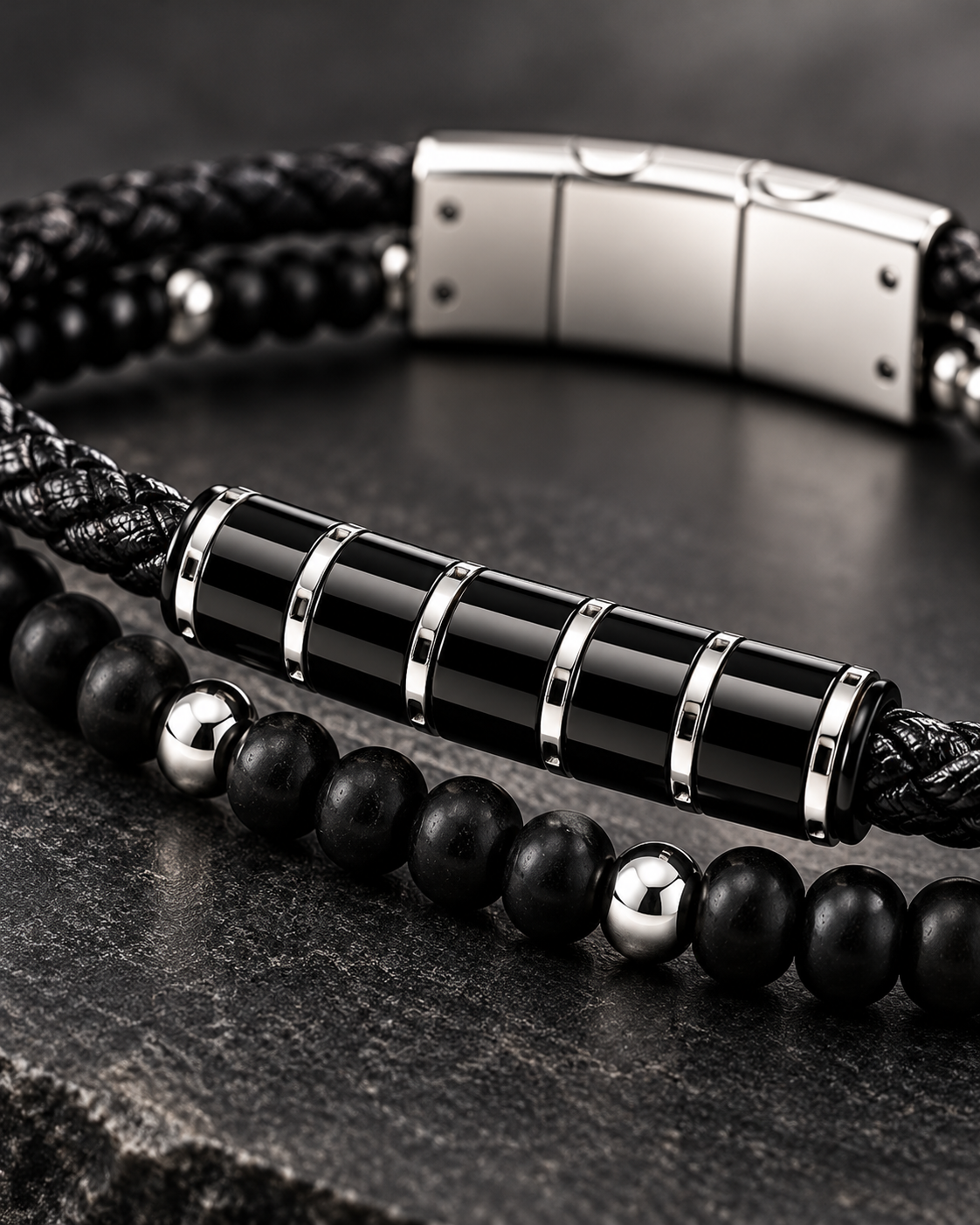 Doppelarmband aus Leder & mattem Onyx
