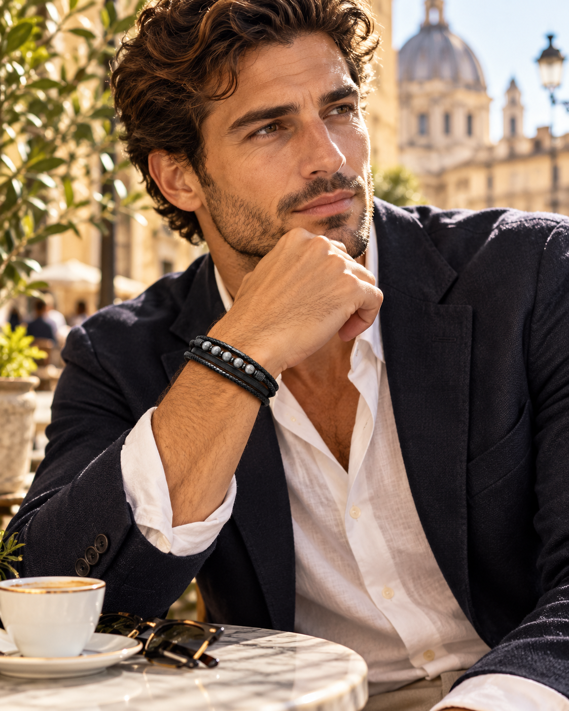 Grigio – Mehrlagiges Herrenarmband aus Leder & Labradorit