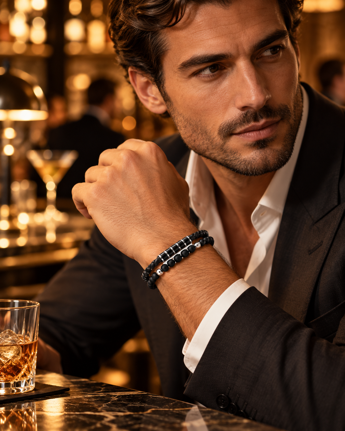 Doppelarmband aus Leder & mattem Onyx
