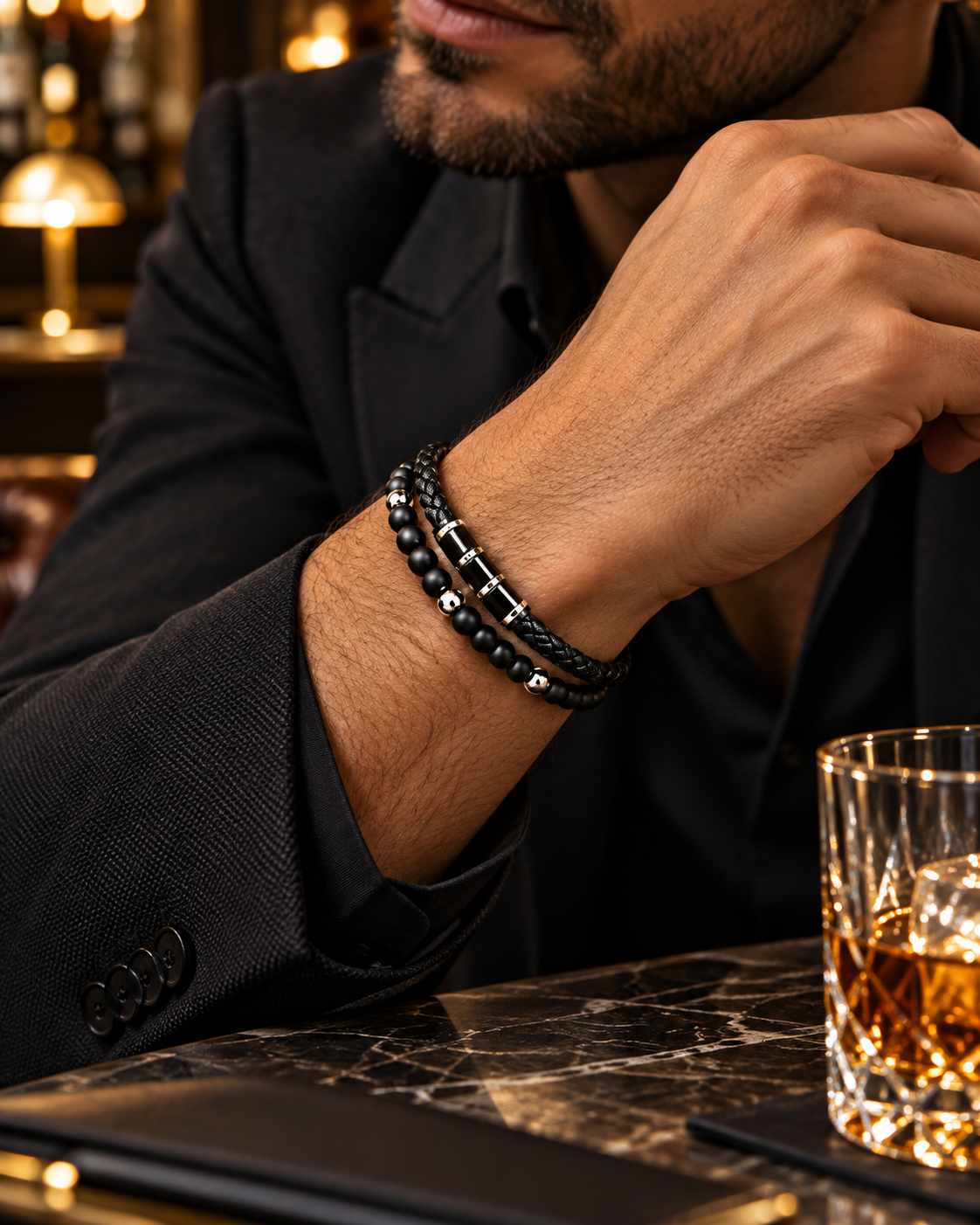 Doppelarmband aus Leder & mattem Onyx