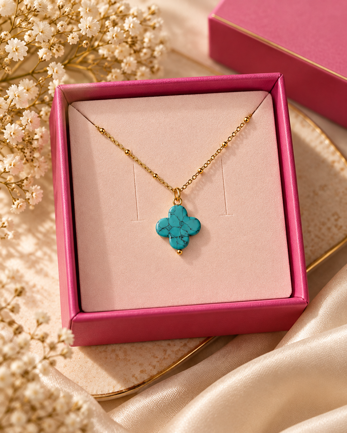 Turquoise Clover Necklace – Vergoldete Halskette mit türkisfarbenem Kleeblatt