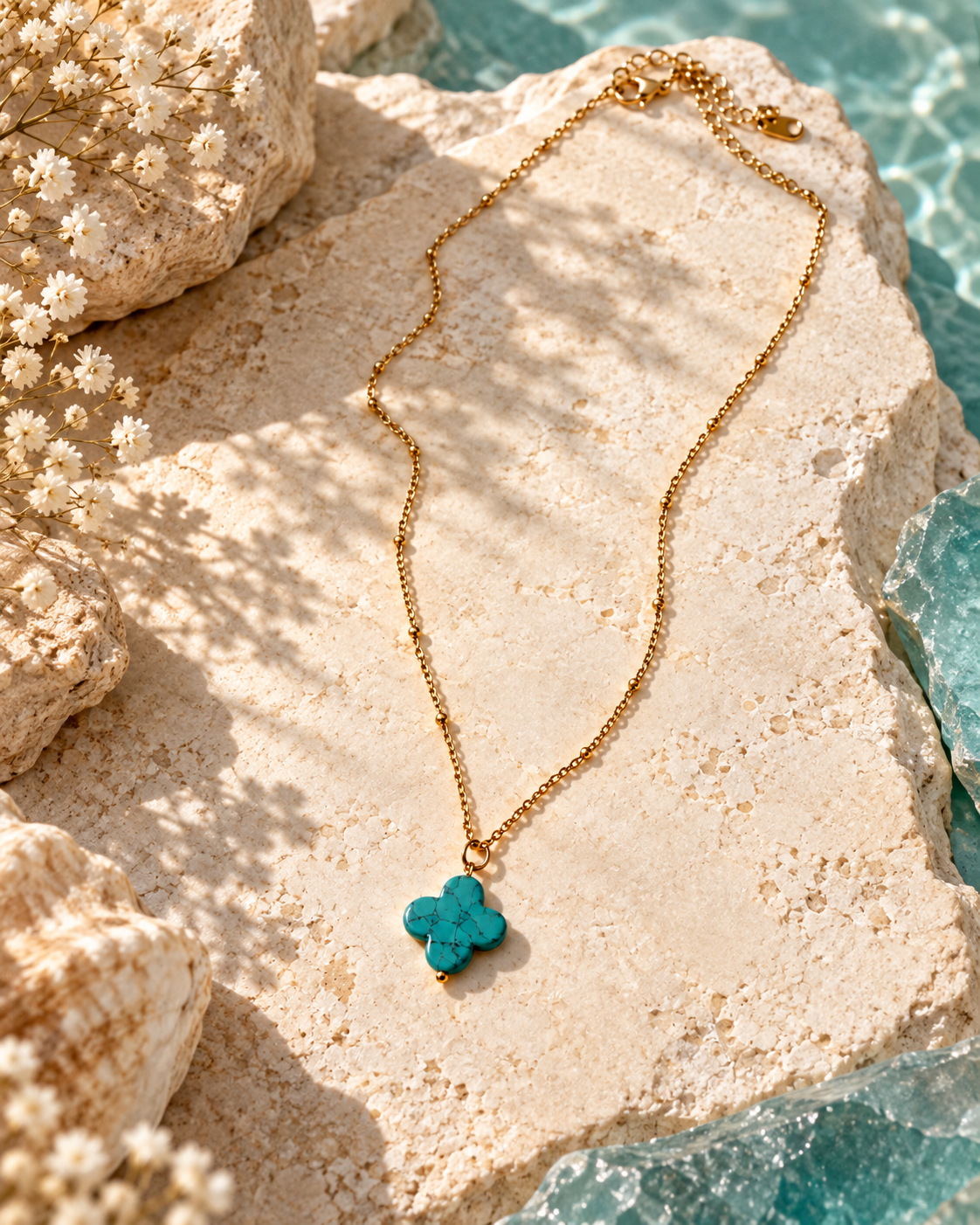 Turquoise Clover Necklace – Vergoldete Halskette mit türkisfarbenem Kleeblatt