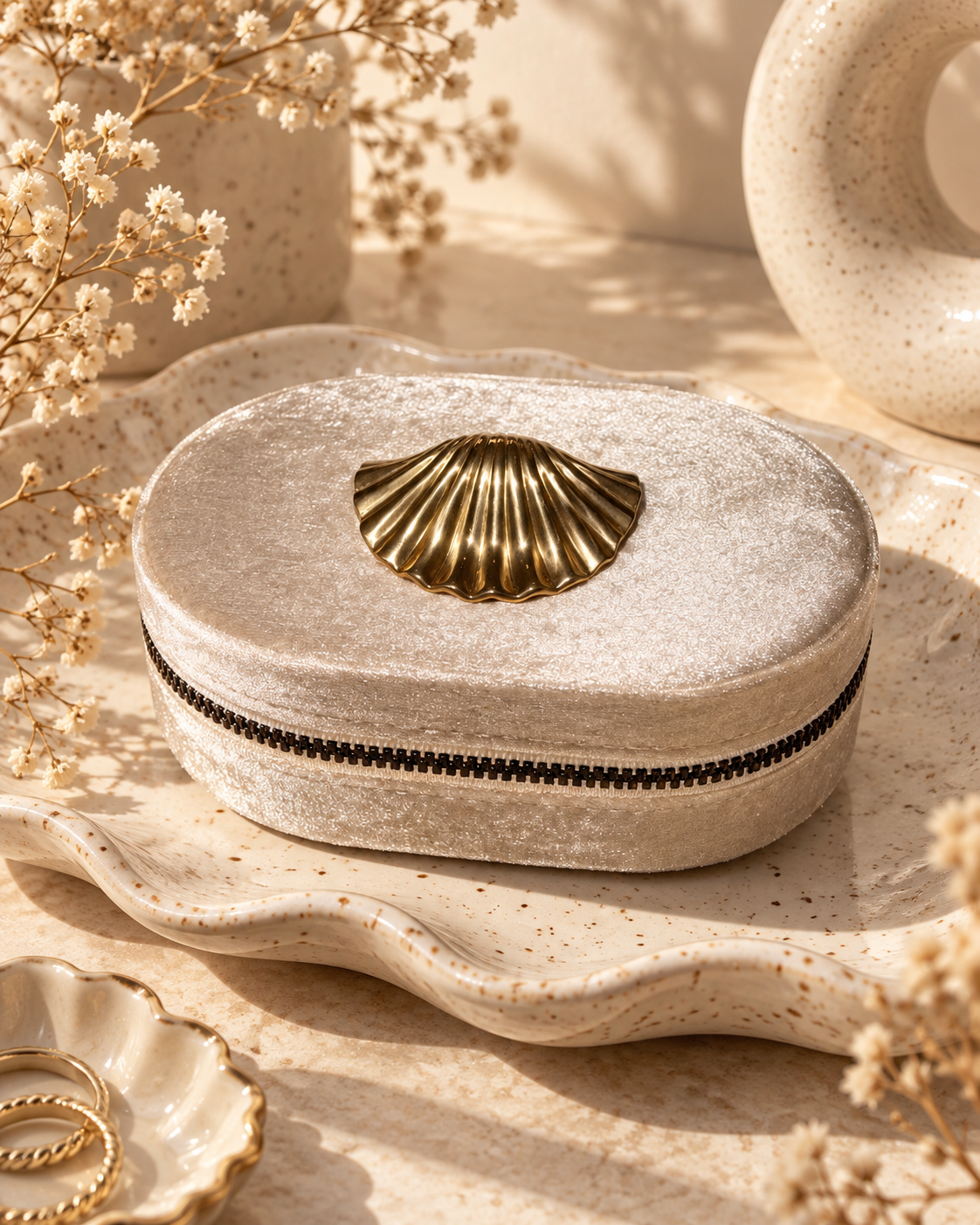 Schmuck-Reiseetui aus Samt mit Muschel-Brosche
