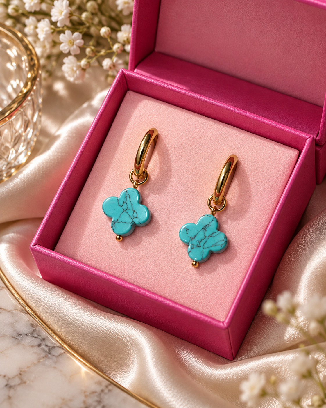 Turquoise Clover Hoops – Vergoldete Creolen mit türkisfarbenem Kleeblatt