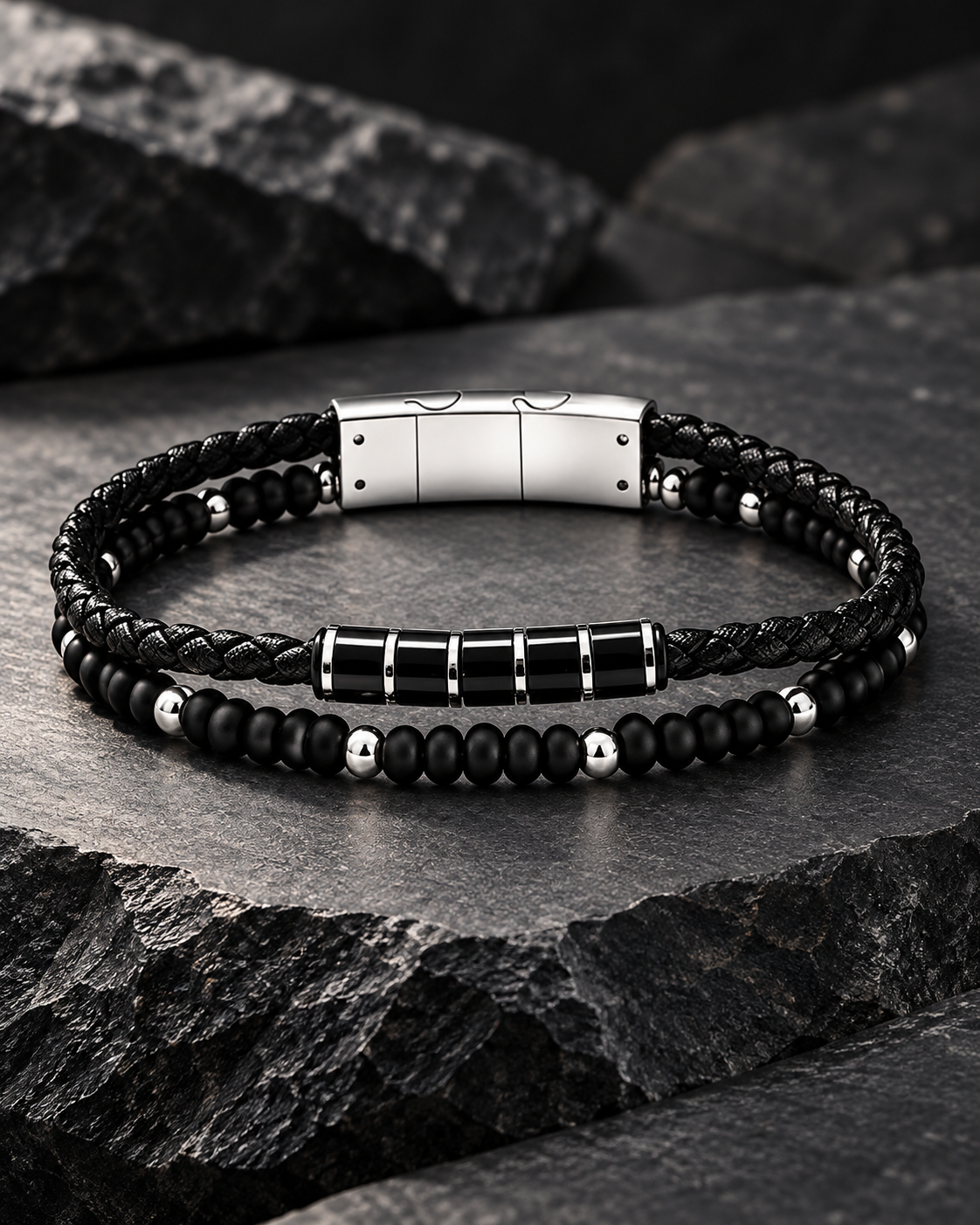 Doppelarmband aus Leder & mattem Onyx