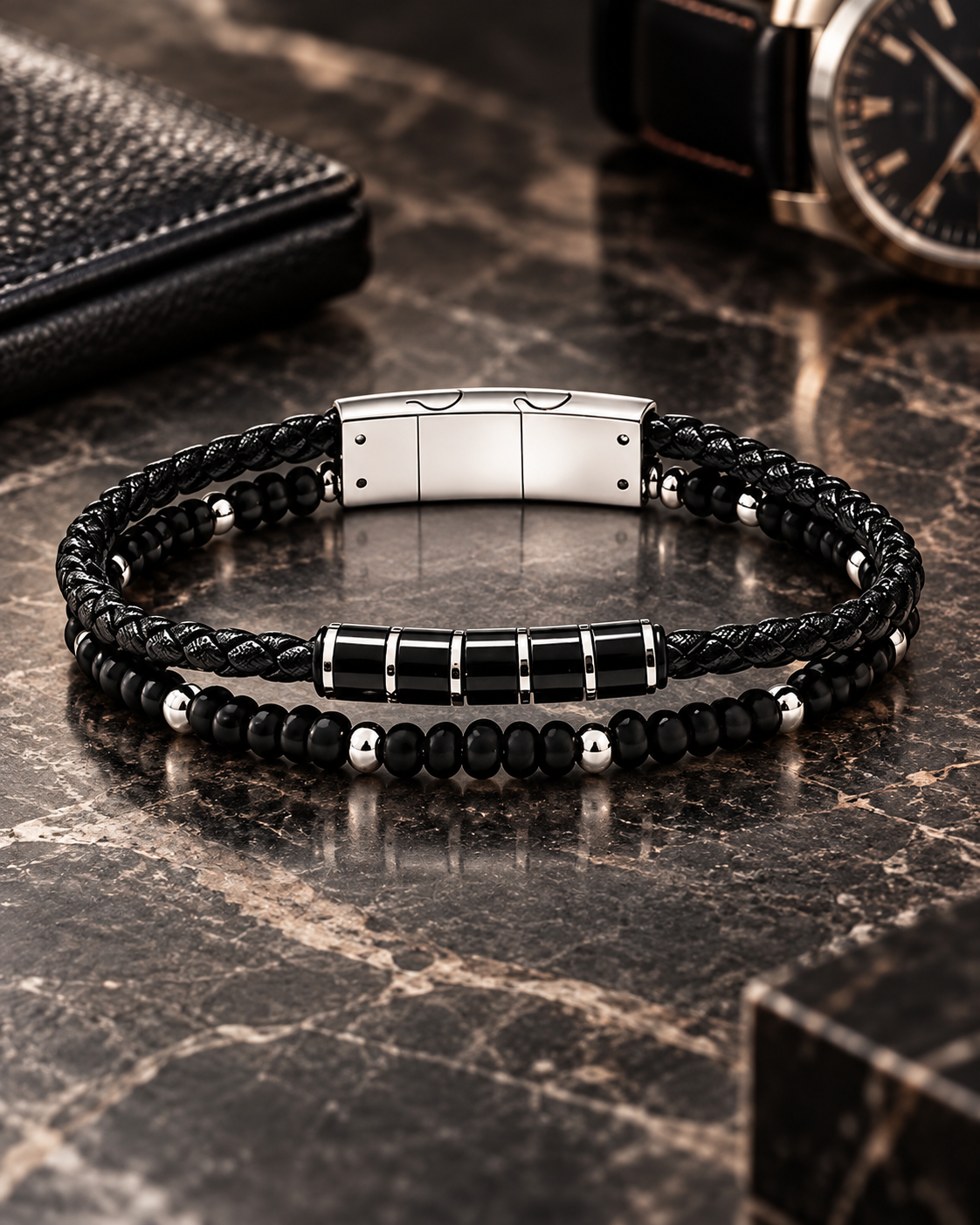 Doppelarmband aus Leder & mattem Onyx