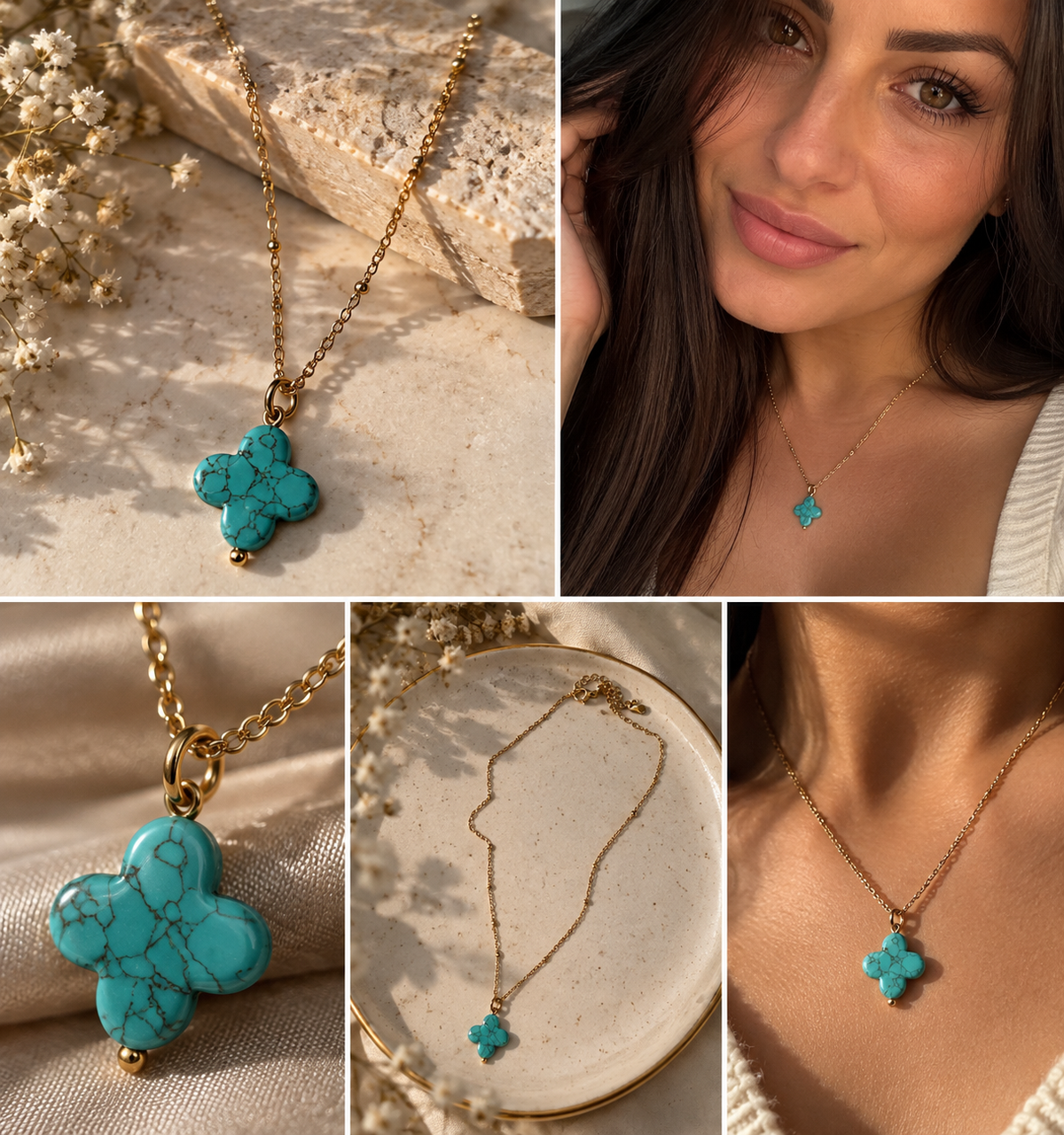 Turquoise Clover Necklace – Vergoldete Halskette mit türkisfarbenem Kleeblatt